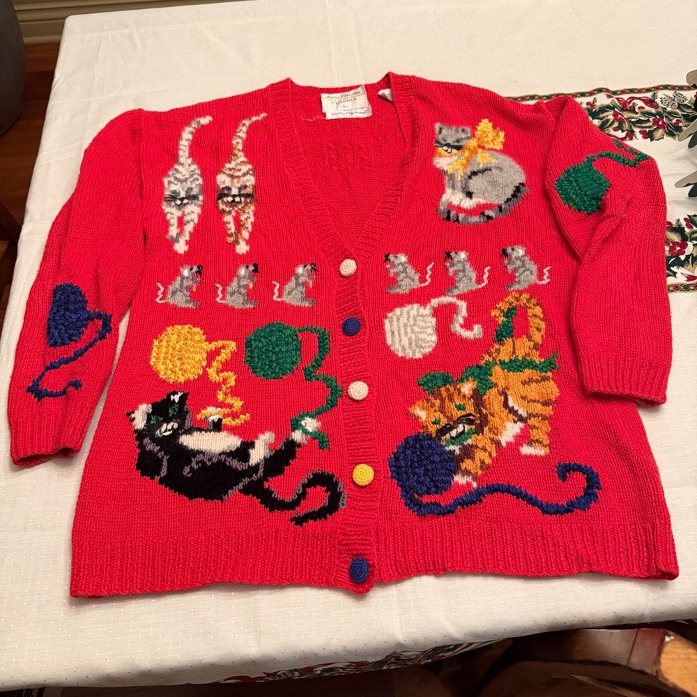 VINTAGE 80’s Marisa Christina II CATS and KITTENS Novelty CARDIGAN SWEATER L